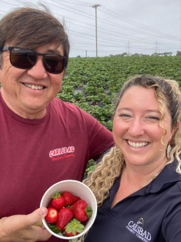 The author Jess Levy with the owner picking strawberries
