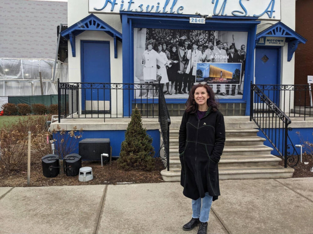 The author Julie Ballantyne Brown, standing in front of the Motown Museum