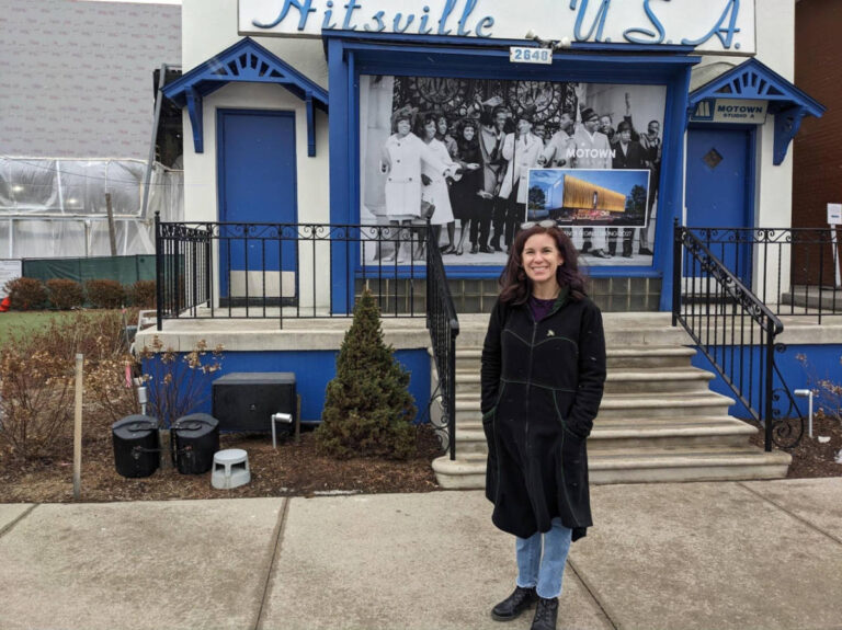 The author Julie Ballantyne Brown, standing in front of the Motown Museum