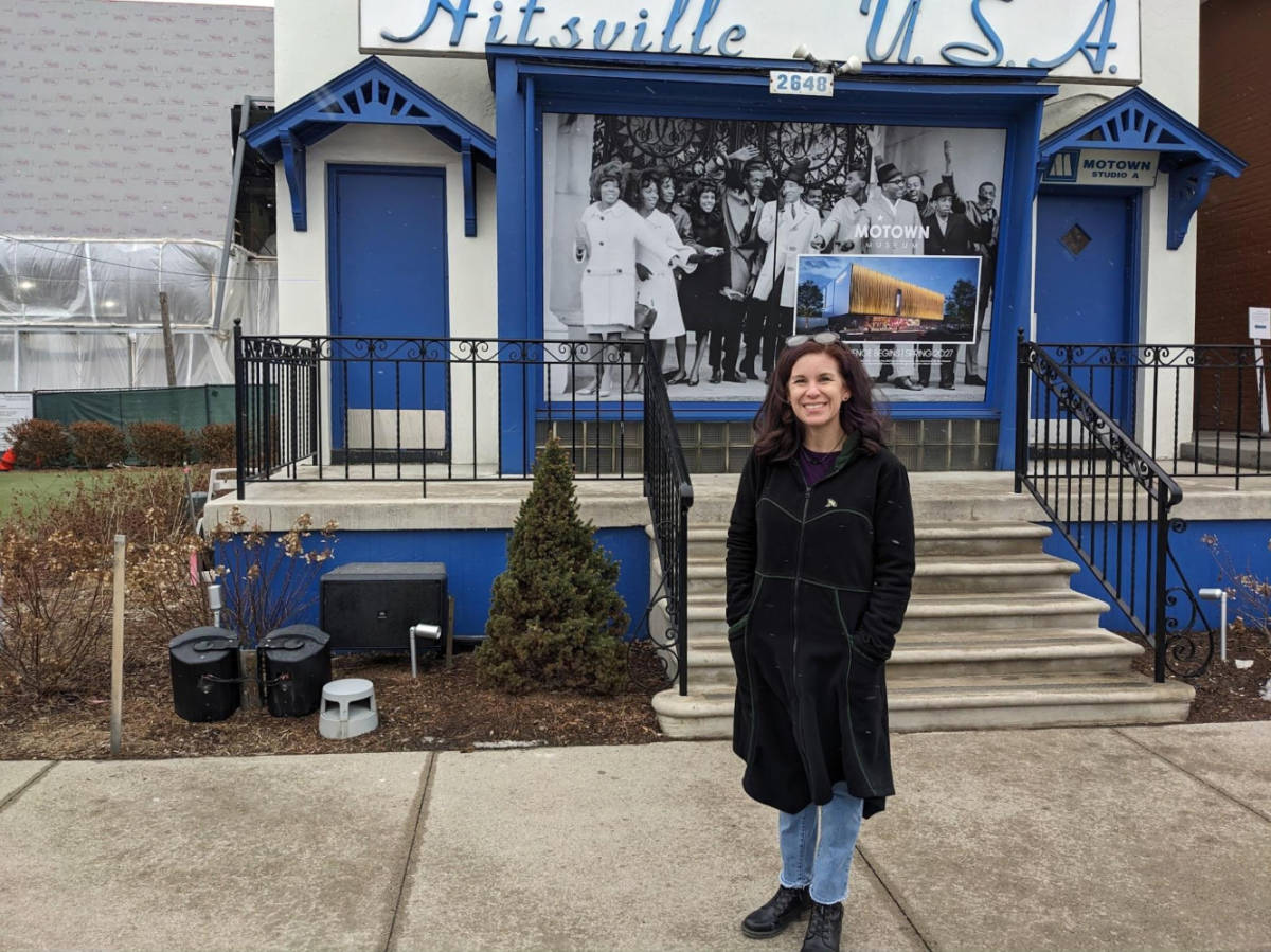 The author Julie Ballantyne Brown, standing in front of the Motown Museum