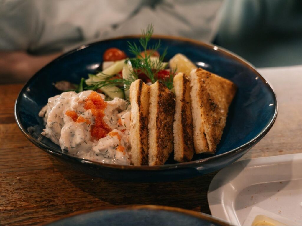 A bowl of Toast Skagen at Kajsas Fisk