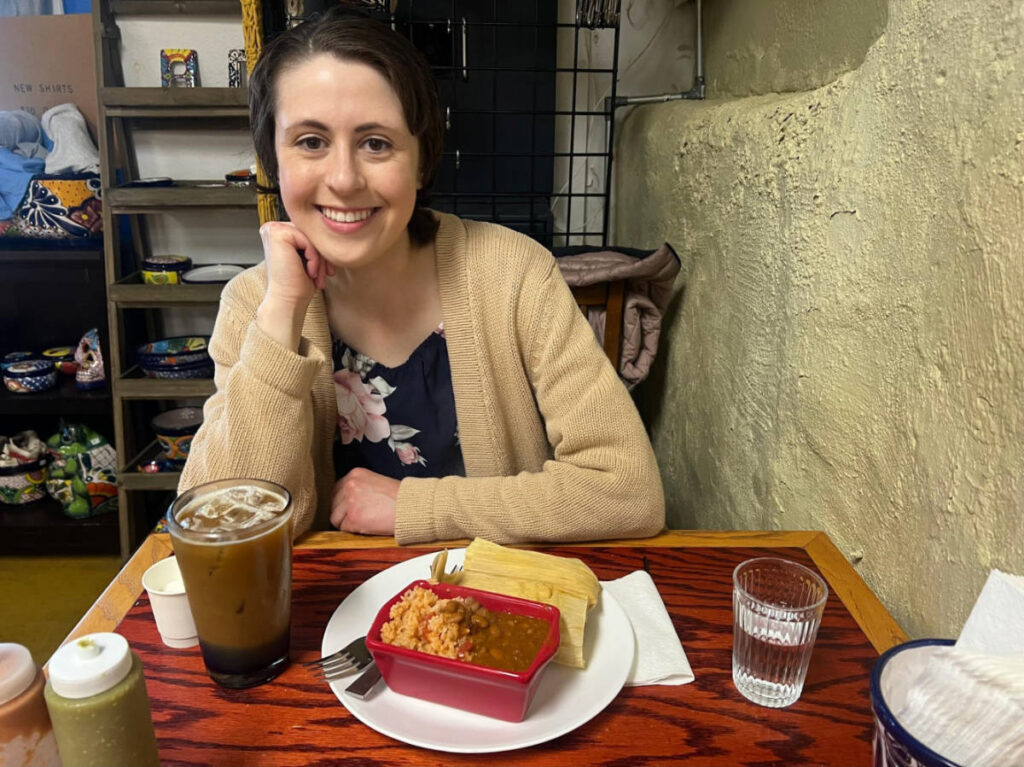 The author Kara Walters dining at the Three Bees Pottery and Coffee Shop