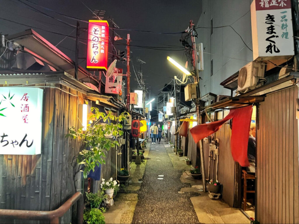 View of Chuo Mishokugai, a street with several tiny shed-like eateries and bars