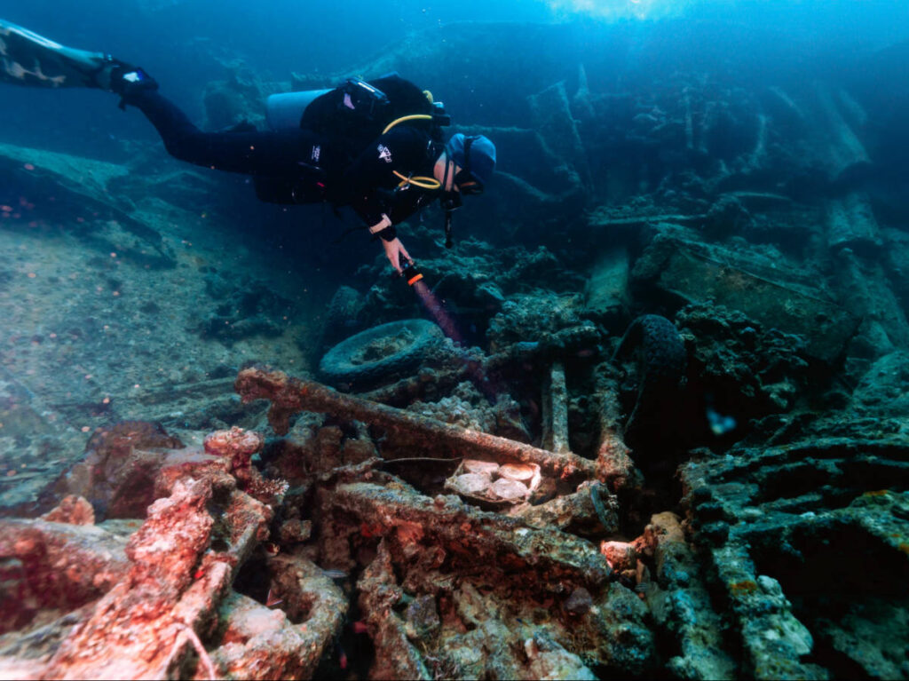 The author Kate McMahon, diving the SS Thistlegorm in Egypt