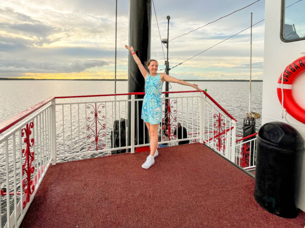 The author Katie, enjoying on the top deck of the Barbara Lee rivership