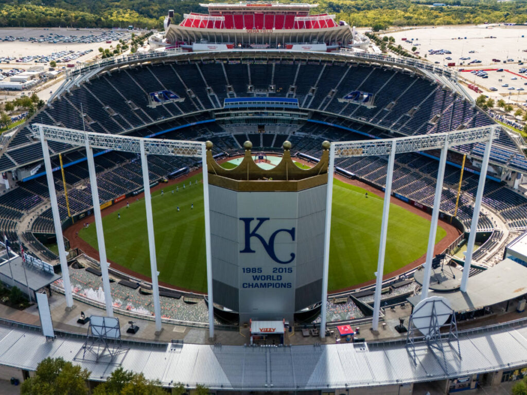 Aerial view of the facade and inside the Kauffman Stadium