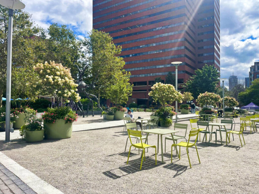 View of the outdoor dining at Kendall Square in Cambridge