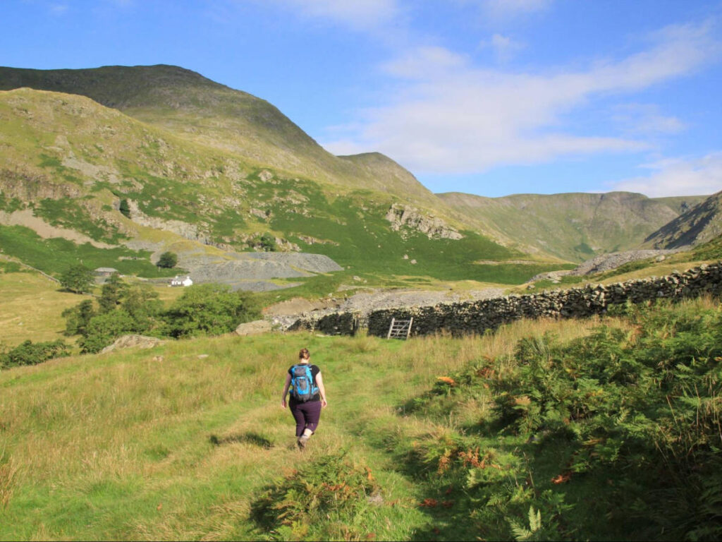 The author Heather Cole, walking towards the Kentmere Horseshoe