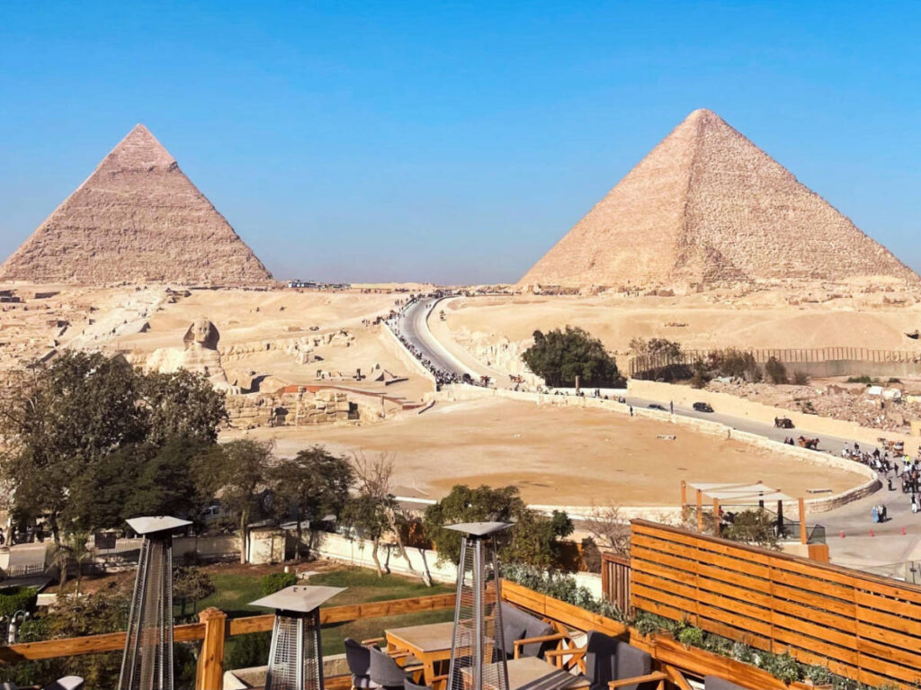 View of the Pyramid of Giza while eating at Khufu’s Restaurant