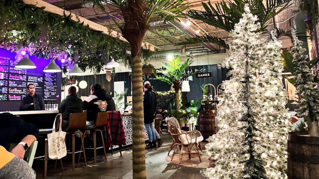 View inside the Kilter Brewing Co. with Christmas decorations around