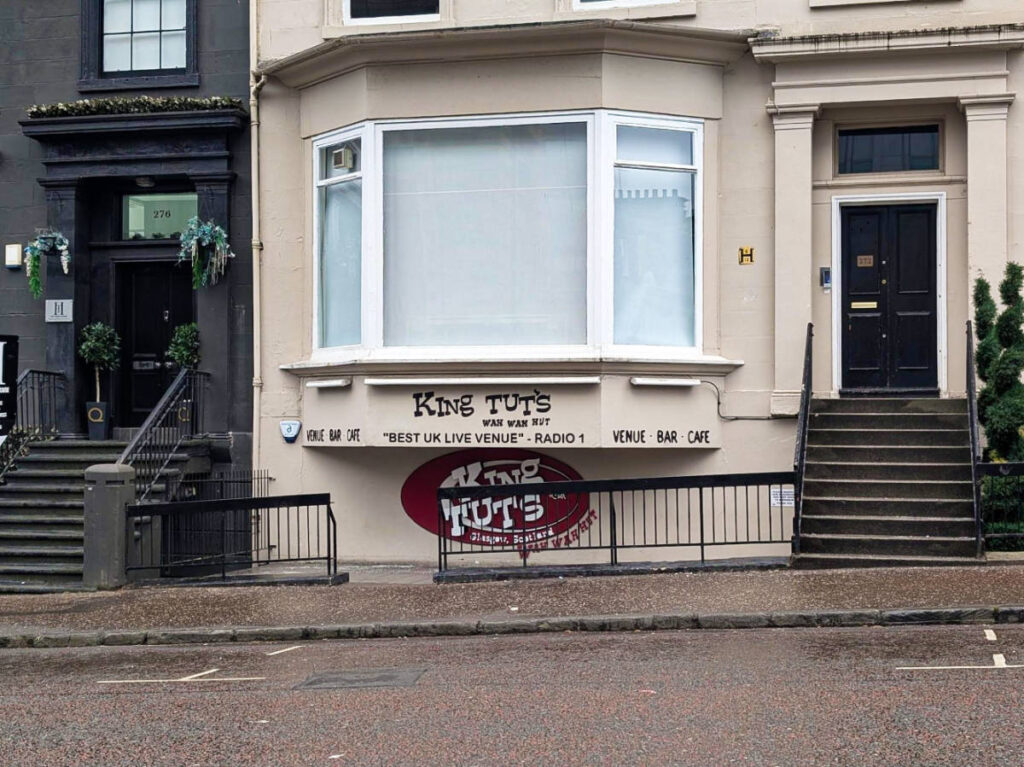 The bay window from the outside of King Tut’s Wah Wah Hut