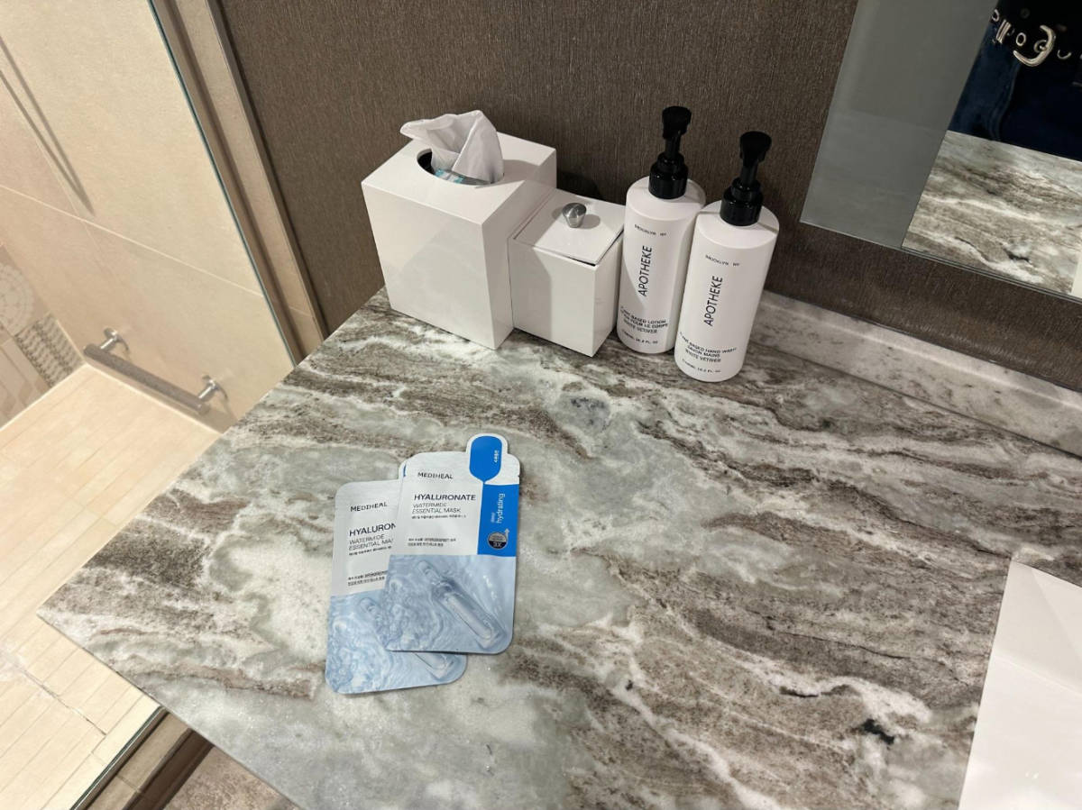 Korean facemask sheets on the bathroom counter