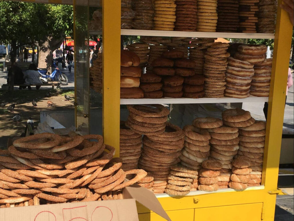 A cart selling the Koulouri bread rings