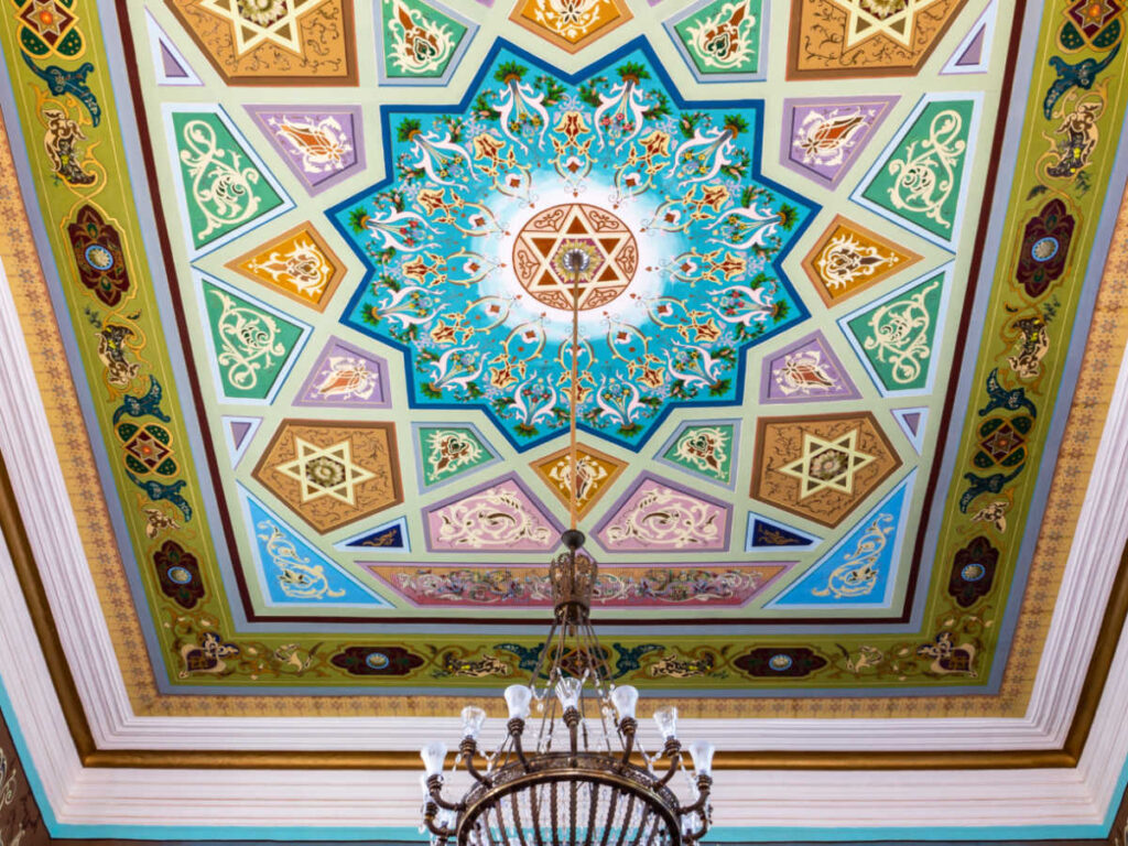 View of the bright colored ceiling of Kutaisi Synagogue