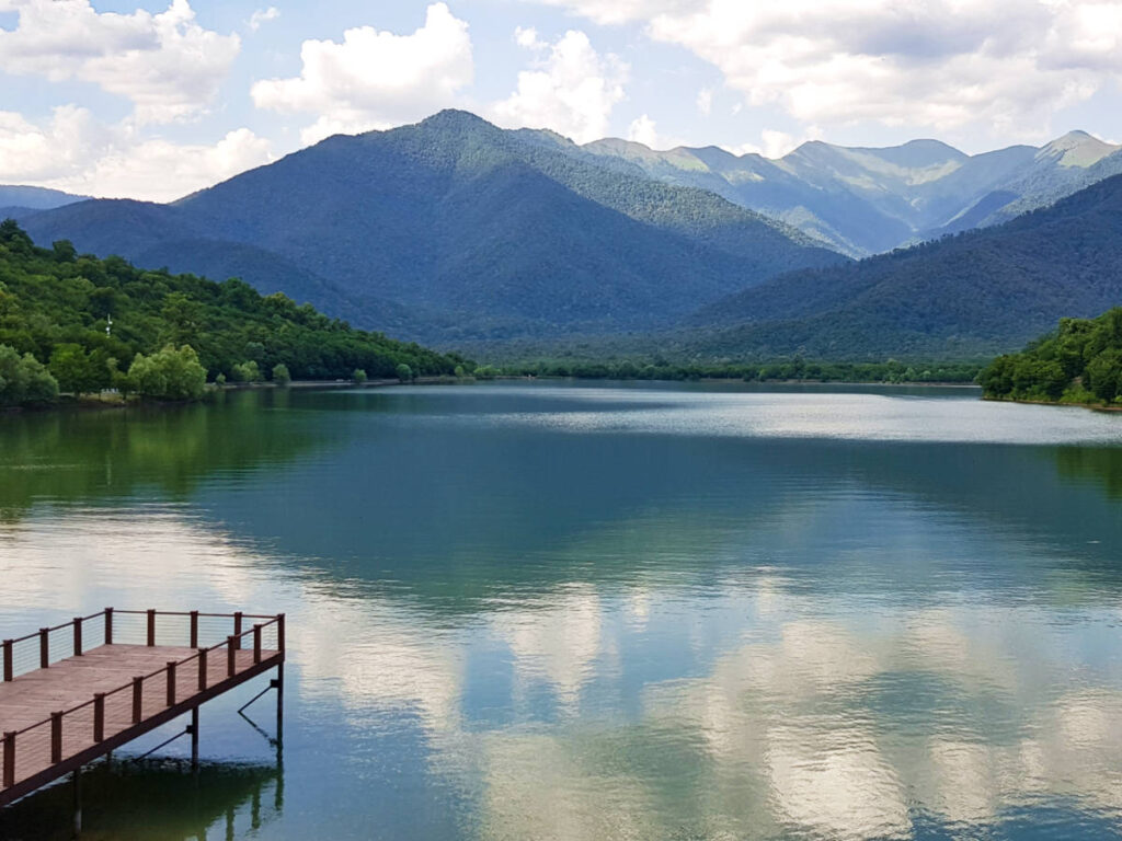 Picturesque view of the deck over the Kvareli Lake with mountain views in the background