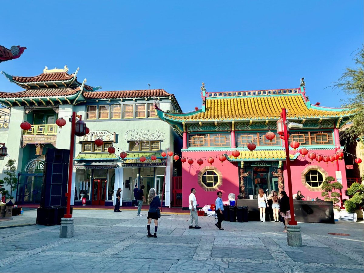 View of the Brightly colored pagodas in the main Chinatown square in Los Angeles