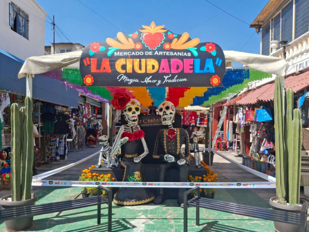 The colorful Day of the Dead symbols at the La Ciudadela artisan market