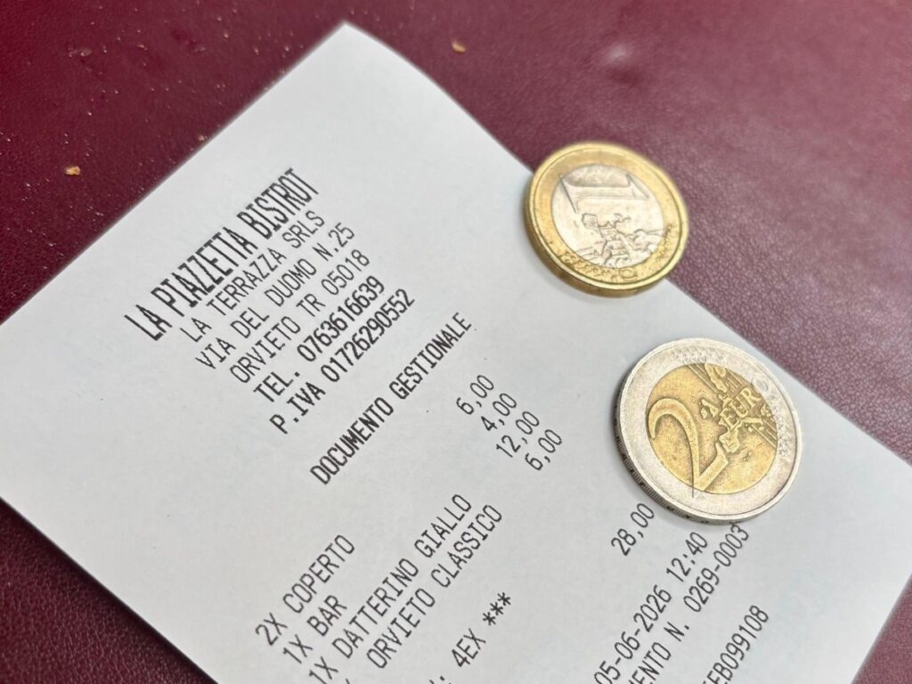 A La Piazzeta Bistrot Receipt and some coins