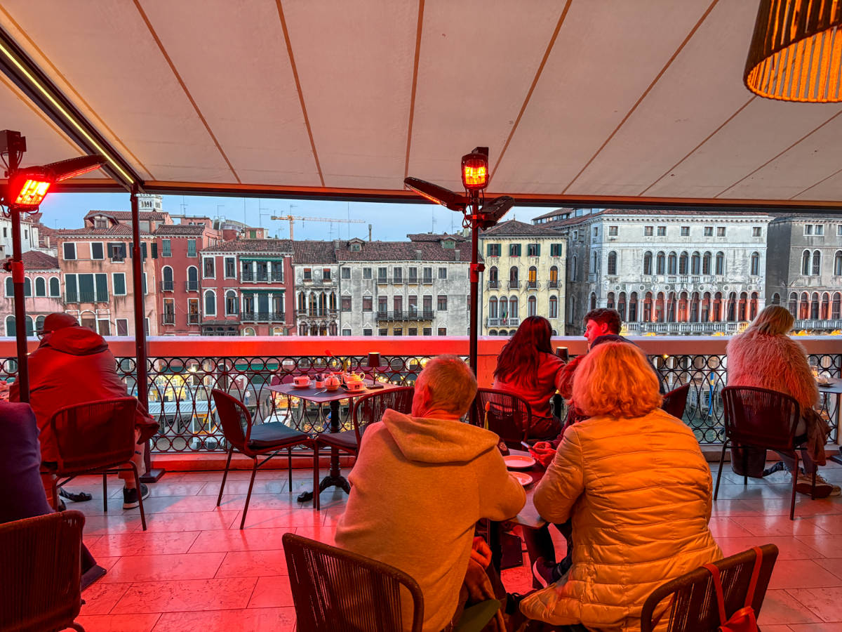 People chilling under heat lamps at La Terrazza Rooftop Bar