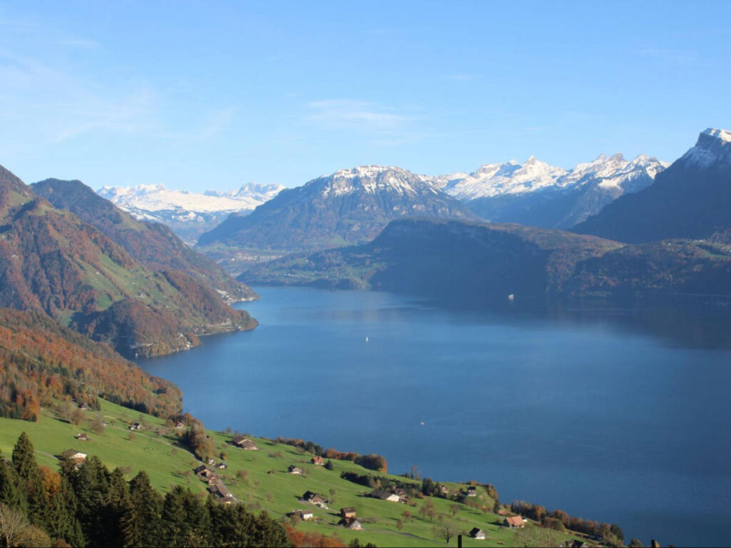 Overlooking view of Lake Lucerne surrounded by mountain ranges
