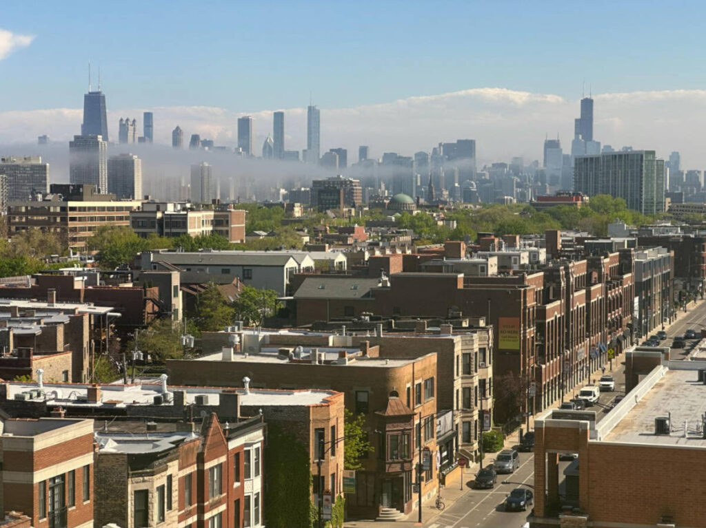 Panoramic view of the small high rises and local shops and restaurants in Lake View