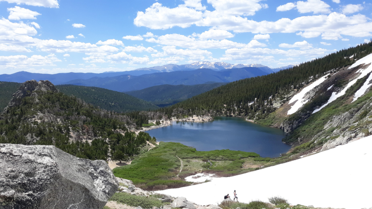 Aerial view of the lake surrounded by Saint Mary’s Glacier