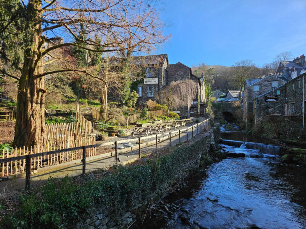 View of the lakeside town in Ambleside on a sunny day