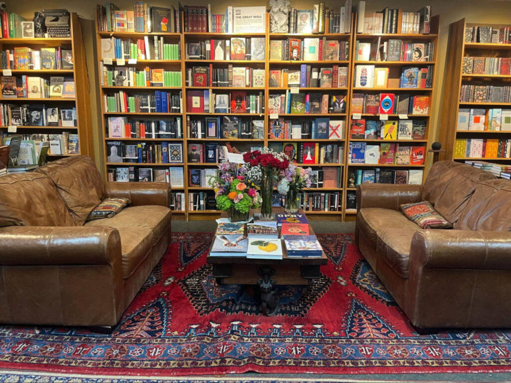 View of the shelves inside Landmark Booksellers