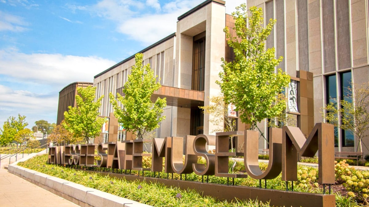 View of the landmark signage and exterior of Tennessee State Museum