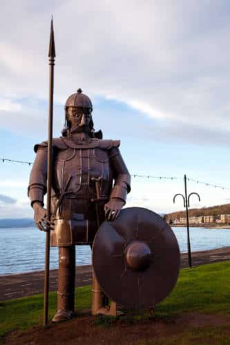 A metallic statue of a Viking at the town of Largs