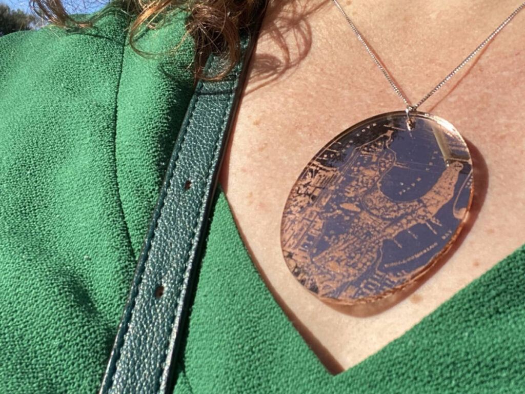 Closeup look of the laser-cut pendant of the Royal Botanic Gardens