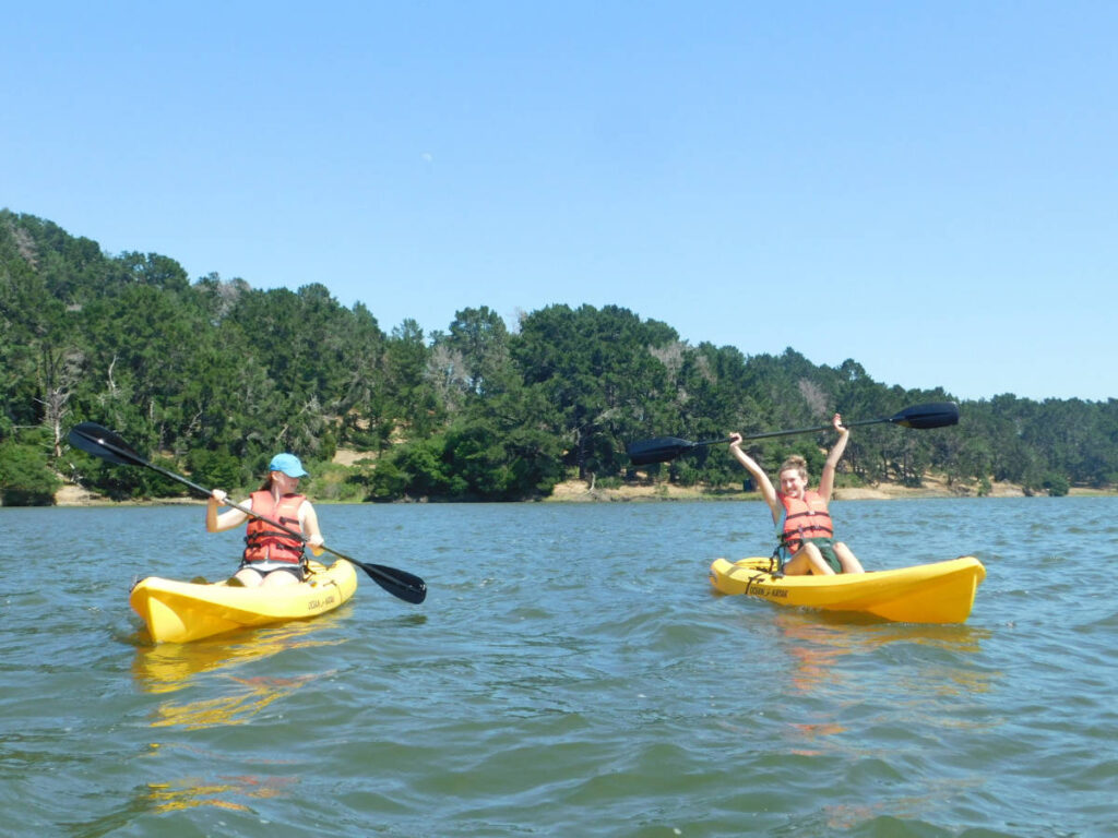 The author Laura McFarland and her friend kayaking on the San Pablo Reservoir