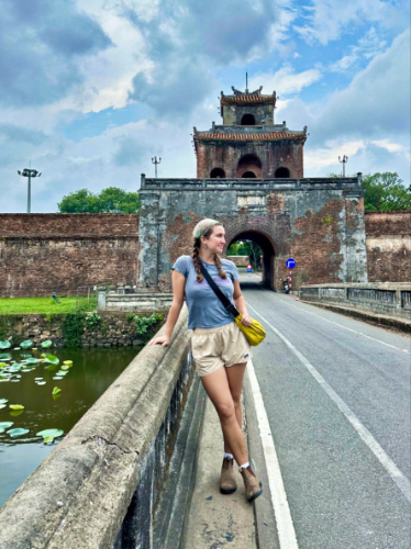 The author Laura McFarland wearing Blundstones boots in Vietnam