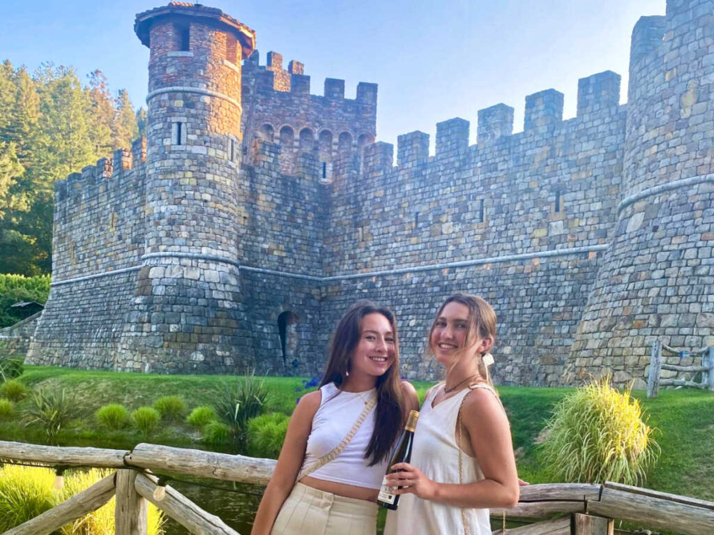 The author Laura McFarland and her friend in front of the Castello di Amorosa