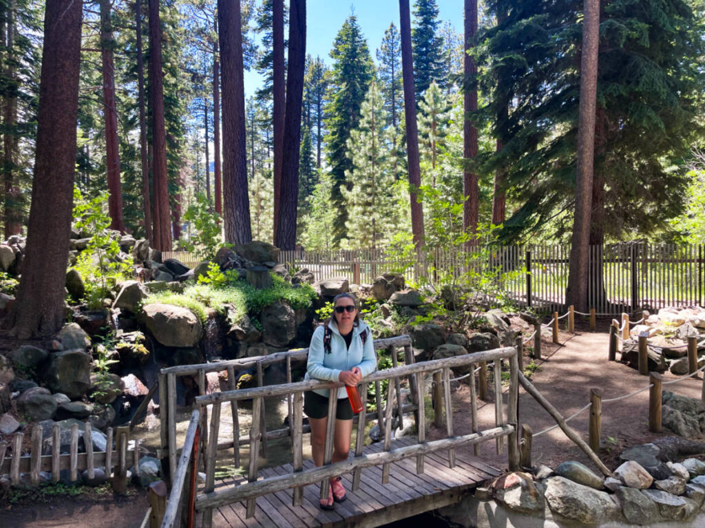 The author Laura Falin standing on a small bridge in the middle of the nature park