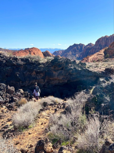 A woman going in to the Lava tube caves