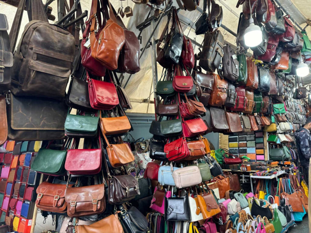 A store with the display of leather bags