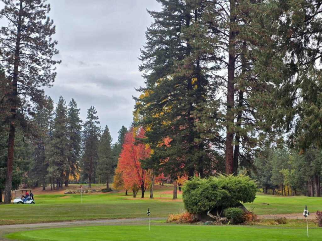 The golf cart at the Leavenworth Golf Course with fall foliage around