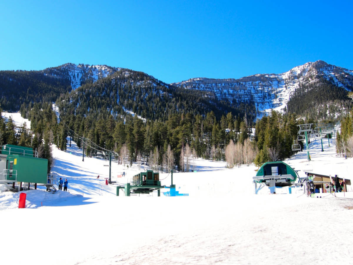Panoramic view of the snow covered landscape of Lee Canyon Ski Resort in Mount Charleston