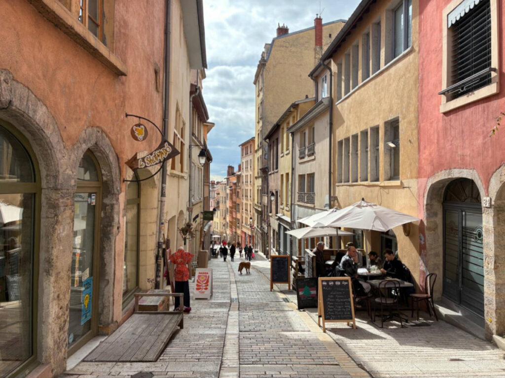 View of the cafes and boutiques around Les Pentes