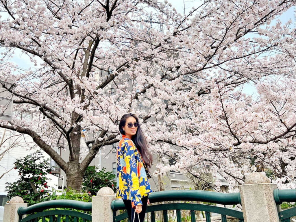 The author Lia Tee, posing for a photo in front of the full bloom cherry blossoms trees