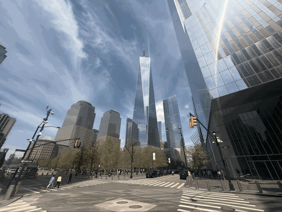 The pedestrian lanes and buildings at Liberty Square Park