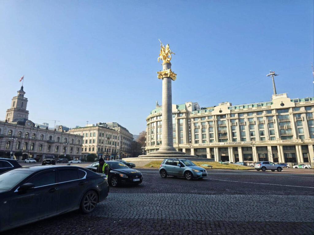 Clear blue sky over the Liberty Square in Tbilisi