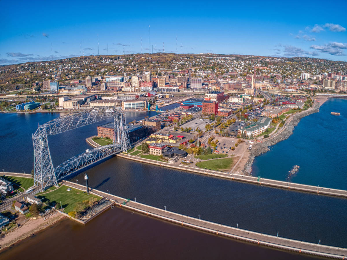 Aerial view of a lift bridge and the city skyline