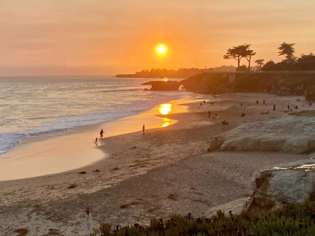 Overlooking view of the Lighthouse Field Beach at sunset