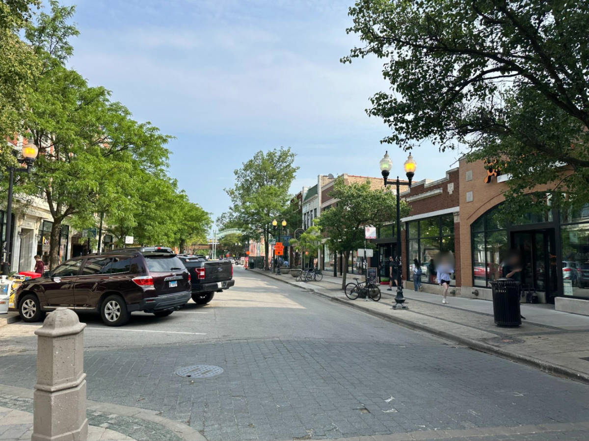 View of the shops and the lush greenery around Lincoln Square