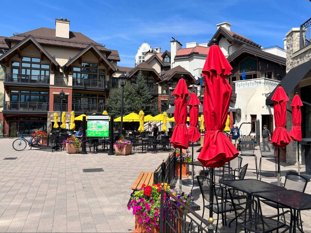 View of the vibrant umbrellas in the Lionshead Village on a sunny day