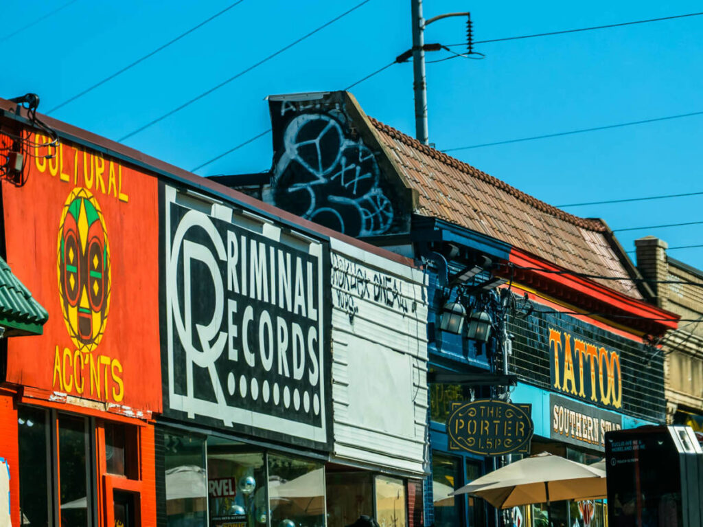 View of the colorful stores at Little 5 Points
