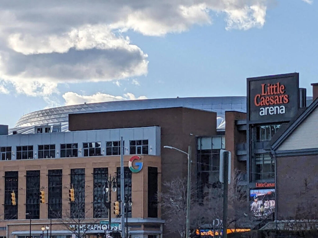 The facade of the Little Caesar’s Arena