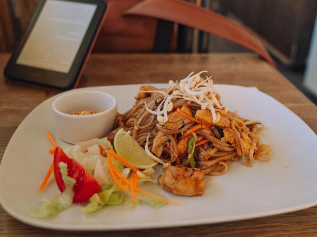 A plate of pad thai at Little Cashew Thai Wok